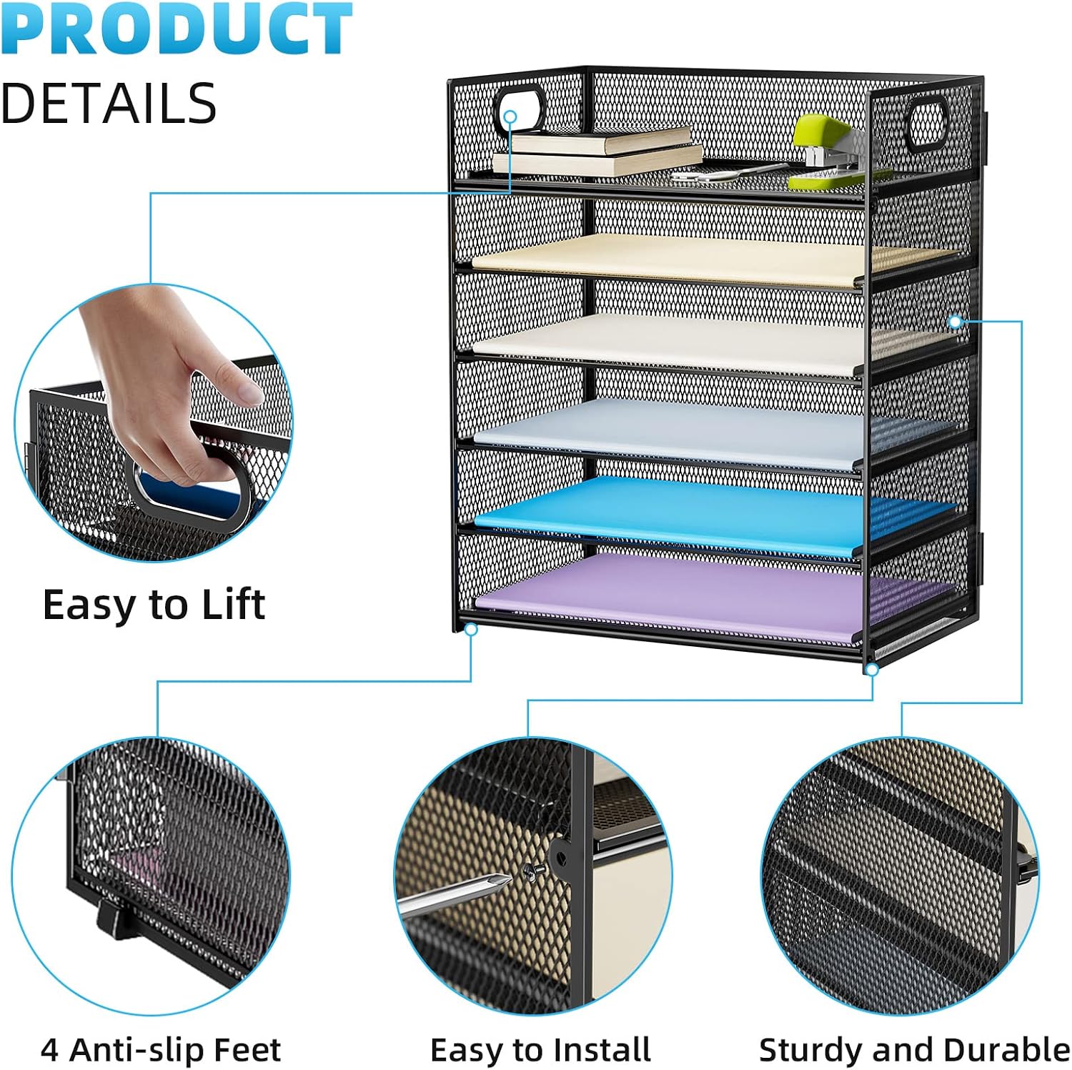 Marbrasse 6 Tier Paper Organizer Letter Tray - Mesh Desk File Organizer with Handle, Paper Sorter Organizer for Letter/A4 Office File Folder Holder - Black - Image 3