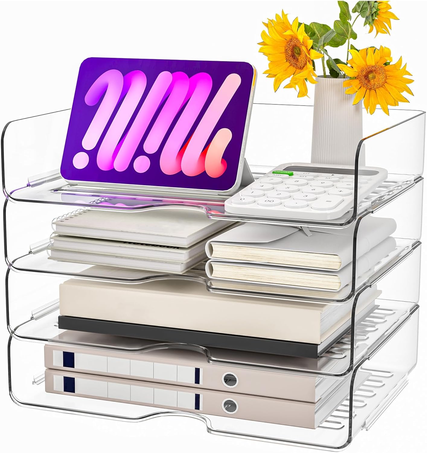 Paper Organizer Letter Tray, 4-Pack Acrylic File Organizer, Clear | Stackable, Versatile Desk document Organizer–A4 Paper, Documents, Letters, Books, Bills, iPad – Large Capacity, Home Office