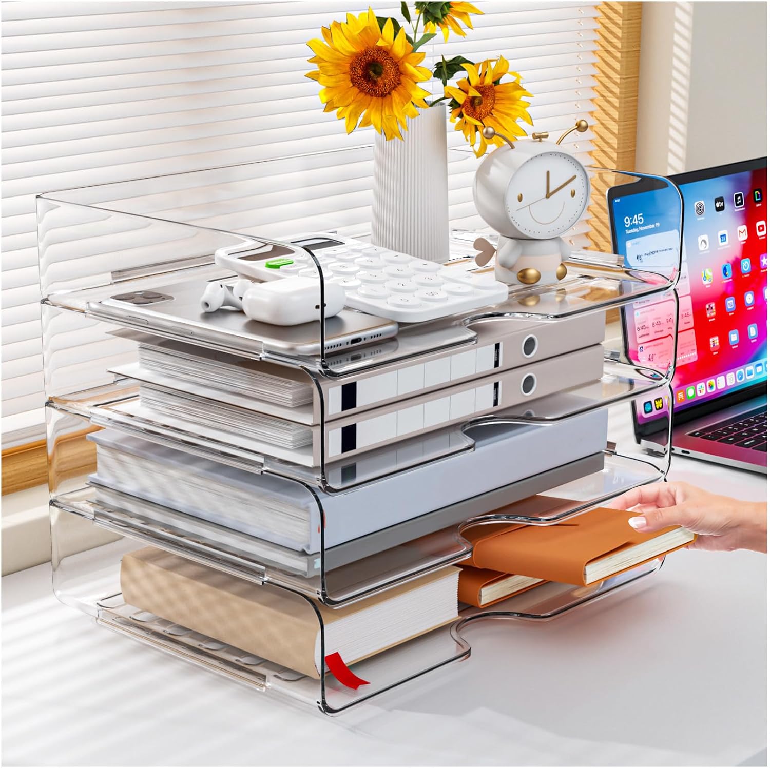 Paper Organizer Letter Tray, 4-Pack Acrylic File Organizer, Clear | Stackable, Versatile Desk document Organizer–A4 Paper, Documents, Letters, Books, Bills, iPad – Large Capacity, Home Office - Image 2