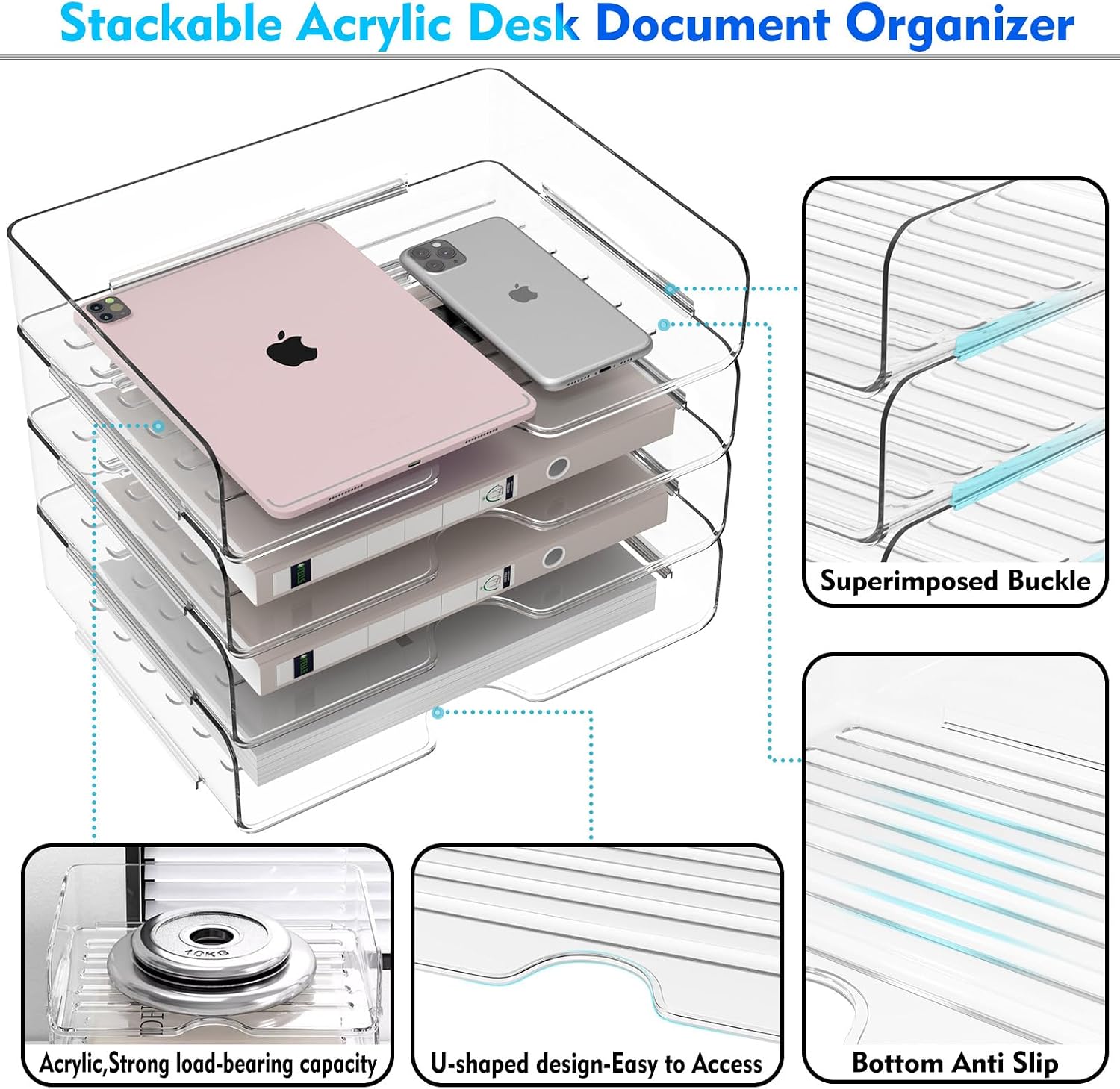 Paper Organizer Letter Tray, 4-Pack Acrylic File Organizer, Clear | Stackable, Versatile Desk document Organizer–A4 Paper, Documents, Letters, Books, Bills, iPad – Large Capacity, Home Office - Image 6