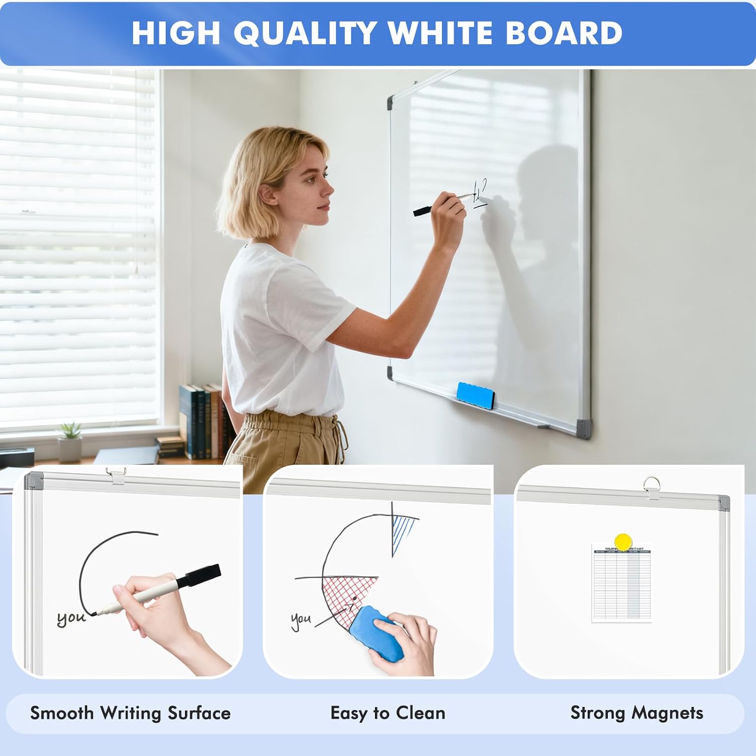 Double-Sided White Board Dry Erase Magnetic Whiteboard Wall 24x18 Silver | Smooth Write & Clean, Durable 11-Layer, Aluminum Frame, Easy Wall Mount & Hanging, Full Kit for Home, Office, School - Image 3