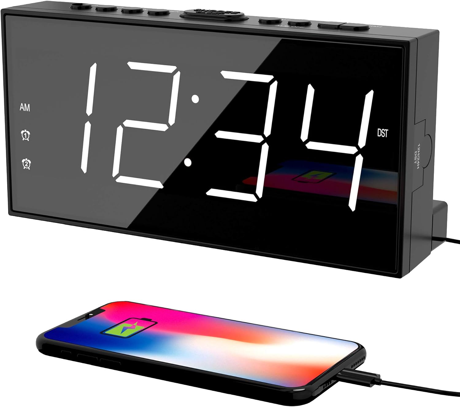 Digital Alarm Clocks for Bedrooms, Dual Alarms, 7.5-Inch Large Display | Big LED Numbers, Bedside Clock with Volume Control for Heavy Sleeper, 5-Level Dimmer, Easy Setup, USB Charger, Plug-In Clock