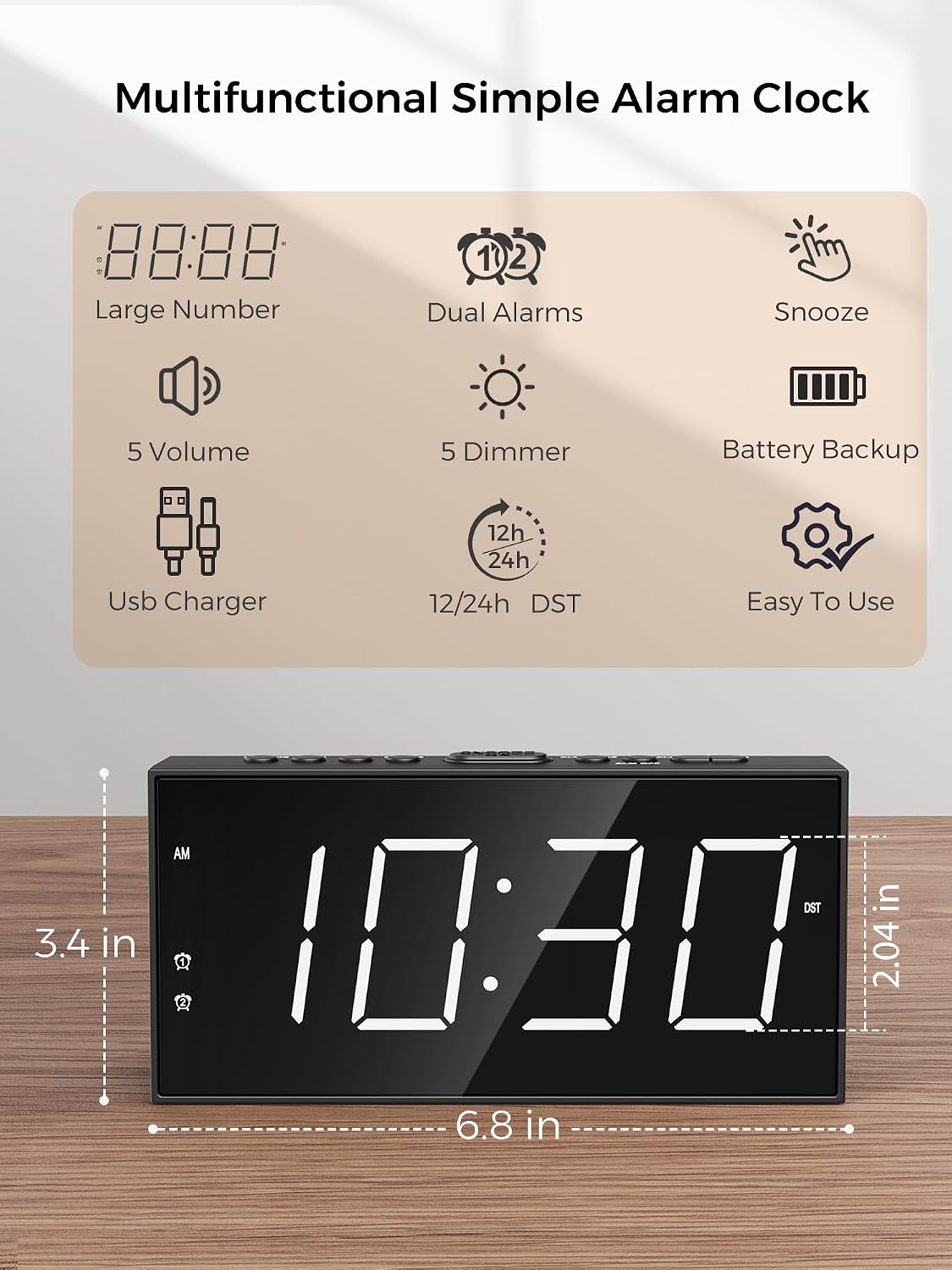 Digital Alarm Clocks for Bedrooms, Dual Alarms, 7.5-Inch Large Display | Big LED Numbers, Bedside Clock with Volume Control for Heavy Sleeper, 5-Level Dimmer, Easy Setup, USB Charger, Plug-In Clock - Image 2