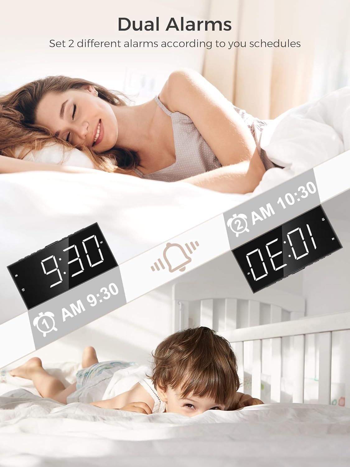 Digital Alarm Clocks for Bedrooms, Dual Alarms, 7.5-Inch Large Display | Big LED Numbers, Bedside Clock with Volume Control for Heavy Sleeper, 5-Level Dimmer, Easy Setup, USB Charger, Plug-In Clock - Image 3