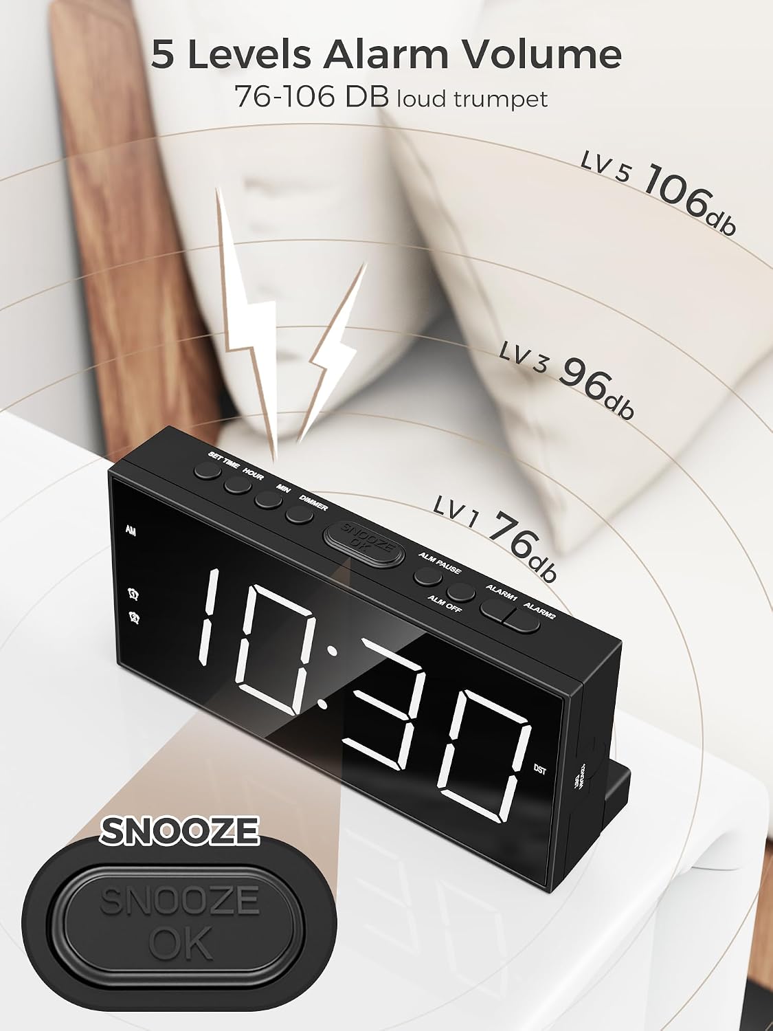 Digital Alarm Clocks for Bedrooms, Dual Alarms, 7.5-Inch Large Display | Big LED Numbers, Bedside Clock with Volume Control for Heavy Sleeper, 5-Level Dimmer, Easy Setup, USB Charger, Plug-In Clock - Image 5