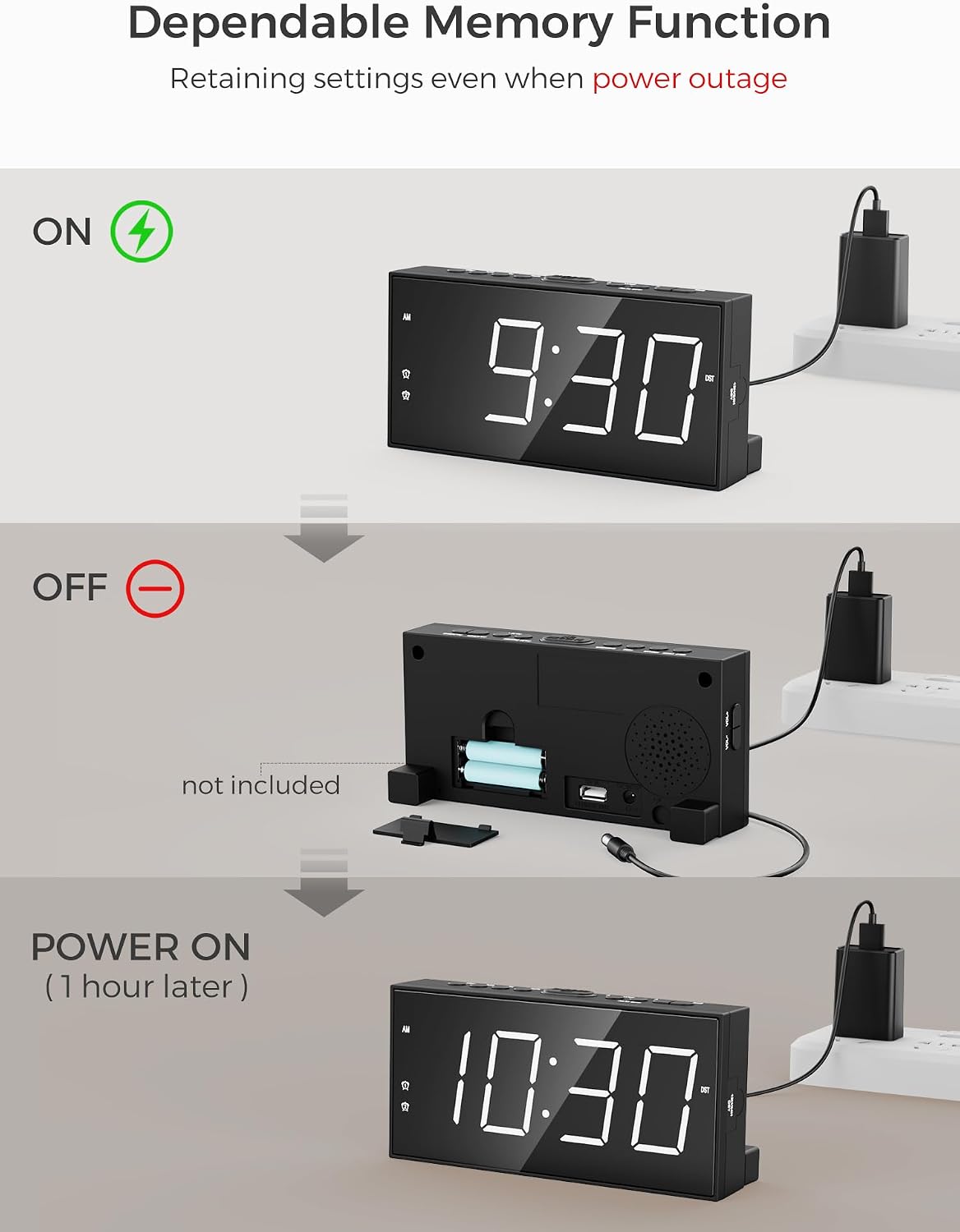 Digital Alarm Clocks for Bedrooms, Dual Alarms, 7.5-Inch Large Display | Big LED Numbers, Bedside Clock with Volume Control for Heavy Sleeper, 5-Level Dimmer, Easy Setup, USB Charger, Plug-In Clock - Image 6